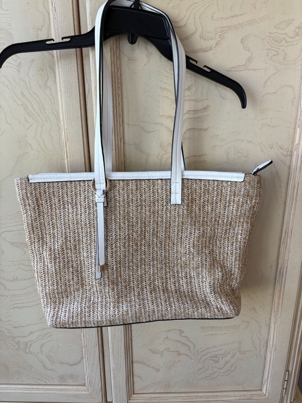 Woven Straw Tote with White Trim